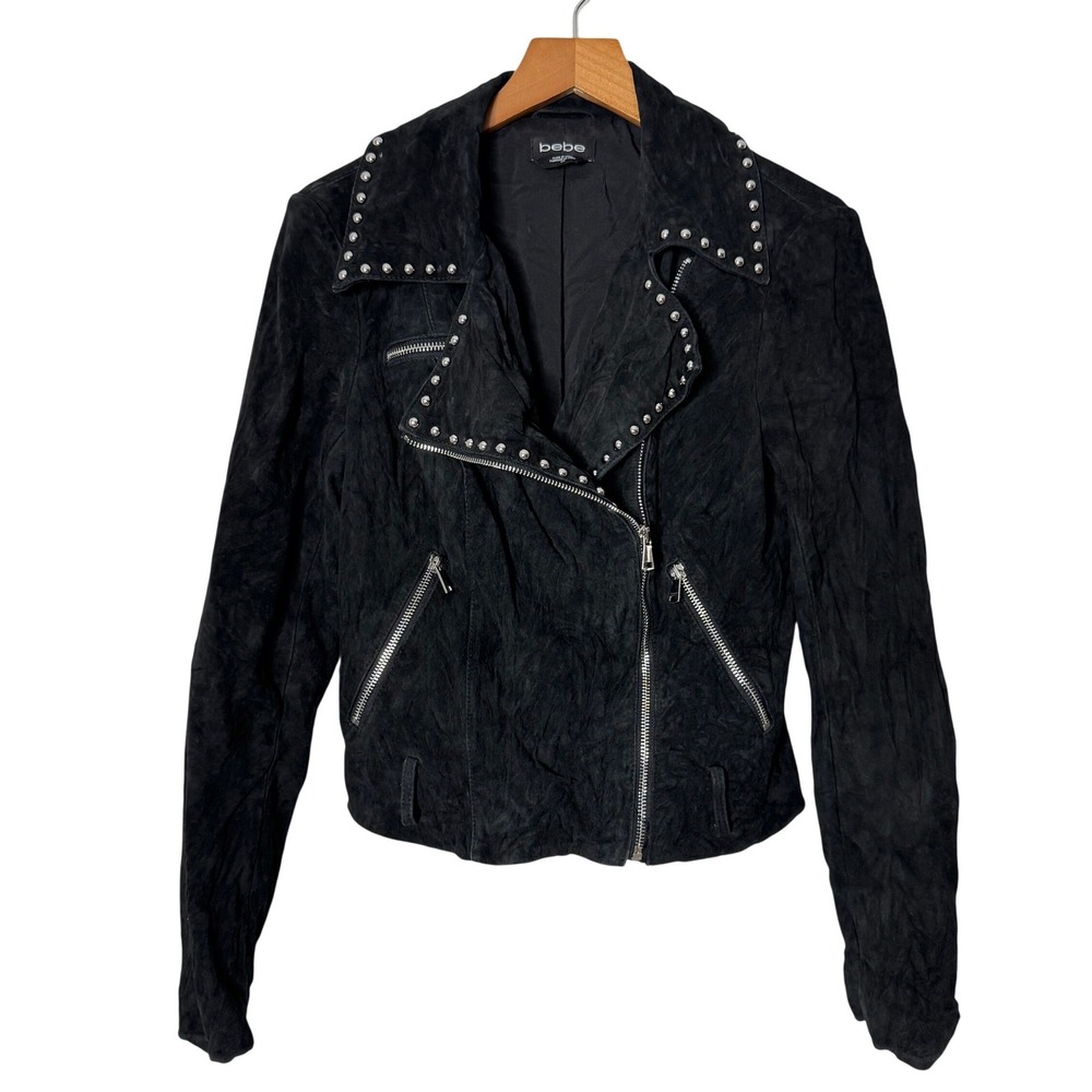 Vintage Y2K Bebe Black Suede Leather Studded Moto Biker Jacket Womens Small